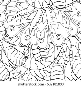 Tracery seamless calming pattern. Mehndi design. Ethnic monochrome binary doodle texture. Curved doodling black and white background. Vector.