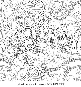 Tracery seamless calming pattern. Mehndi design. Ethnic monochrome binary doodle texture. Curved doodling black and white background. Vector.