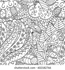 Tracery seamless calming pattern. Mehndi design. Ethnic monochrome binary doodle texture. Curved doodling black and white background. Vector.