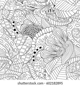 Tracery seamless calming pattern. Mehndi design. Ethnic monochrome binary doodle texture. Curved doodling black and white background. Vector.
