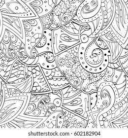 Tracery seamless calming pattern. Mehndi design. Ethnic monochrome binary doodle texture. Curved doodling black and white background. Vector.