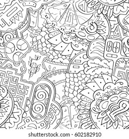 Tracery seamless calming pattern. Mehndi design. Ethnic monochrome binary doodle texture. Curved doodling black and white background. Vector.