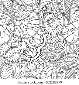 Tracery seamless calming pattern. Mehndi design. Ethnic monochrome binary doodle texture. Curved doodling black and white background. Vector.