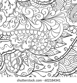 Tracery seamless calming pattern. Mehndi design. Ethnic monochrome binary doodle texture. Curved doodling black and white background. Vector.
