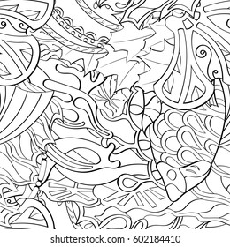 Tracery seamless calming pattern. Mehndi design. Ethnic monochrome binary doodle texture. Curved doodling black and white background. Vector.