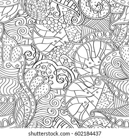 Tracery seamless calming pattern. Mehndi design. Ethnic monochrome binary doodle texture. Curved doodling black and white background. Vector.