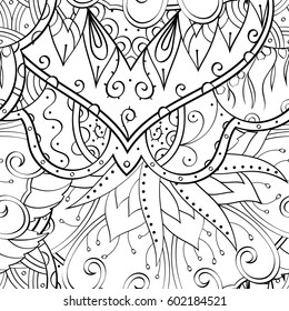 Tracery seamless calming pattern. Mehndi design. Ethnic monochrome binary doodle texture. Curved doodling black and white background. Vector.