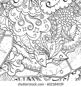 Tracery seamless calming pattern. Mehndi design. Ethnic monochrome binary doodle texture. Curved doodling black and white background. Vector.
