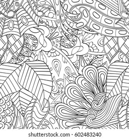 Tracery seamless calming pattern. Mehndi design. Ethnic monochrome binary doodle texture. Curved doodling black and white background. Vector.