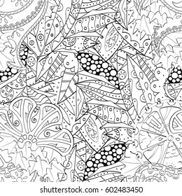 Tracery seamless calming pattern. Mehndi design. Ethnic monochrome binary doodle texture. Curved doodling black and white background. Vector.