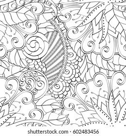 Tracery seamless calming pattern. Mehndi design. Ethnic monochrome binary doodle texture. Curved doodling black and white background. Vector.