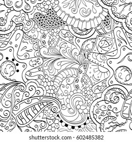 Tracery seamless calming pattern. Mehndi design. Ethnic monochrome binary doodle texture. Curved doodling black and white background. Vector.