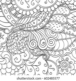 Tracery seamless calming pattern. Mehndi design. Ethnic monochrome binary doodle texture. Curved doodling black and white background. Vector.