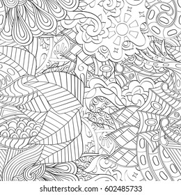 Tracery seamless calming pattern. Mehndi design. Ethnic monochrome binary doodle texture. Curved doodling black and white background. Vector.