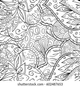 Tracery seamless calming pattern. Mehndi design. Ethnic monochrome binary doodle texture. Curved doodling black and white background. Vector.