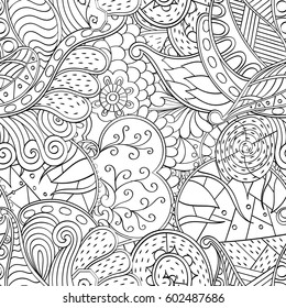 Tracery seamless calming pattern. Mehndi design. Ethnic monochrome binary doodle texture. Curved doodling black and white background. Vector.