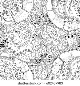 Tracery seamless calming pattern. Mehndi design. Ethnic monochrome binary doodle texture. Curved doodling black and white background. Vector.