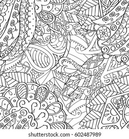 Tracery seamless calming pattern. Mehndi design. Ethnic monochrome binary doodle texture. Curved doodling black and white background. Vector.