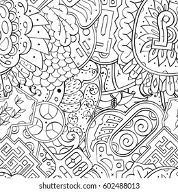 Tracery seamless calming pattern. Mehndi design. Ethnic monochrome binary doodle texture. Curved doodling black and white background. Vector.