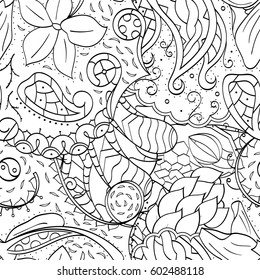 Tracery seamless calming pattern. Mehndi design. Ethnic monochrome binary doodle texture. Curved doodling black and white background. Vector.