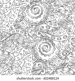 Tracery seamless calming pattern. Mehndi design. Ethnic monochrome binary doodle texture. Curved doodling black and white background. Vector.