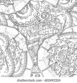 Tracery seamless calming pattern. Mehndi design. Ethnic monochrome binary doodle texture. Curved doodling black and white background. Vector.