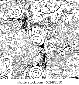 Tracery seamless calming pattern. Mehndi design. Ethnic monochrome binary doodle texture. Curved doodling black and white background. Vector.