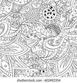 Tracery seamless calming pattern. Mehndi design. Ethnic monochrome binary doodle texture. Curved doodling black and white background. Vector.