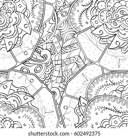 Tracery seamless calming pattern. Mehndi design. Ethnic monochrome binary doodle texture. Curved doodling black and white background. Vector.