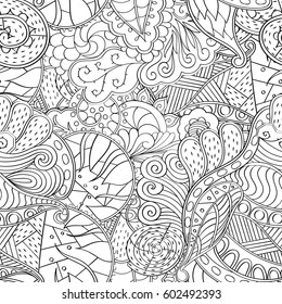 Tracery seamless calming pattern. Mehndi design. Ethnic monochrome binary doodle texture. Curved doodling black and white background. Vector.