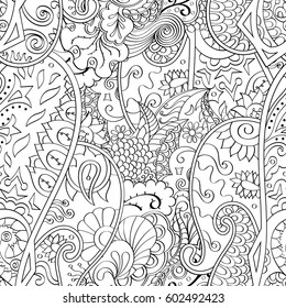 Tracery seamless calming pattern. Mehndi design. Ethnic monochrome binary doodle texture. Curved doodling black and white background. Vector.