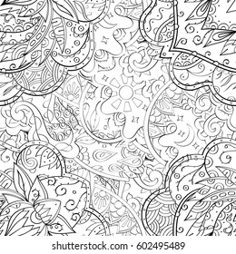 Tracery seamless calming pattern. Mehndi design. Ethnic monochrome binary doodle texture. Curved doodling black and white background. Vector.