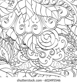 Tracery seamless calming pattern. Mehndi design. Ethnic monochrome binary doodle texture. Curved doodling black and white background. Vector.