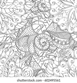 Tracery seamless calming pattern. Mehndi design. Ethnic monochrome binary doodle texture. Curved doodling black and white background. Vector.