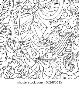 Tracery seamless calming pattern. Mehndi design. Ethnic monochrome binary doodle texture. Curved doodling black and white background. Vector.