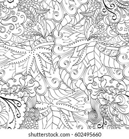 Tracery seamless calming pattern. Mehndi design. Ethnic monochrome binary doodle texture. Curved doodling black and white background. Vector.