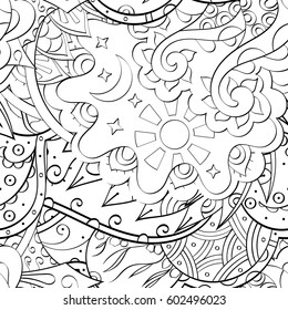 Tracery seamless calming pattern. Mehndi design. Ethnic monochrome binary doodle texture. Curved doodling black and white background. Vector.