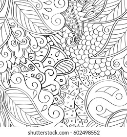 Tracery seamless calming pattern. Mehndi design. Ethnic monochrome binary doodle texture. Curved doodling black and white background. Vector.