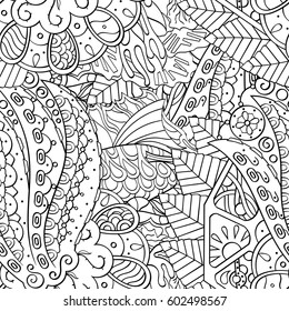 Tracery seamless calming pattern. Mehndi design. Ethnic monochrome binary doodle texture. Curved doodling black and white background. Vector.