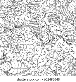 Tracery seamless calming pattern. Mehndi design. Ethnic monochrome binary doodle texture. Curved doodling black and white background. Vector.