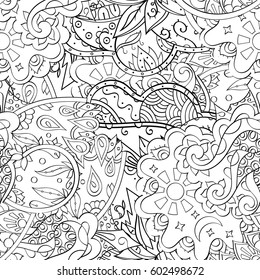 Tracery seamless calming pattern. Mehndi design. Ethnic monochrome binary doodle texture. Curved doodling black and white background. Vector.