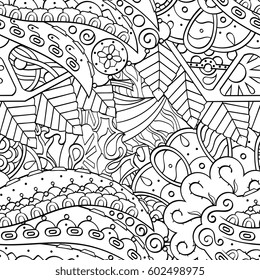 Tracery seamless calming pattern. Mehndi design. Ethnic monochrome binary doodle texture. Curved doodling black and white background. Vector.