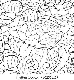 Tracery seamless calming pattern. Mehndi design. Ethnic monochrome binary doodle texture. Curved doodling black and white background. Vector.