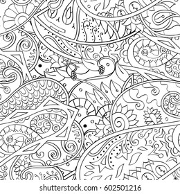 Tracery seamless calming pattern. Mehndi design. Ethnic monochrome binary doodle texture. Curved doodling black and white background. Vector.