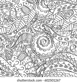 Tracery seamless calming pattern. Mehndi design. Ethnic monochrome binary doodle texture. Curved doodling black and white background. Vector.