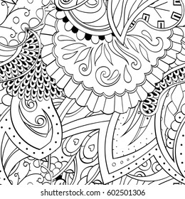 Tracery seamless calming pattern. Mehndi design. Ethnic monochrome binary doodle texture. Curved doodling black and white background. Vector.