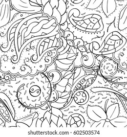 Tracery seamless calming pattern. Mehndi design. Ethnic monochrome binary doodle texture. Curved doodling black and white background. Vector.