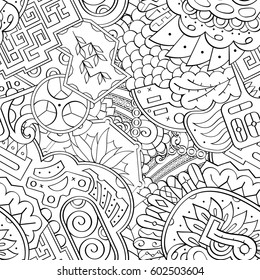 Tracery seamless calming pattern. Mehndi design. Ethnic monochrome binary doodle texture. Curved doodling black and white background. Vector.