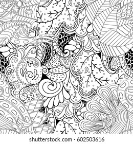 Tracery seamless calming pattern. Mehndi design. Ethnic monochrome binary doodle texture. Curved doodling black and white background. Vector.