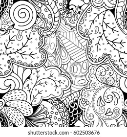 Tracery seamless calming pattern. Mehndi design. Ethnic monochrome binary doodle texture. Curved doodling black and white background. Vector.